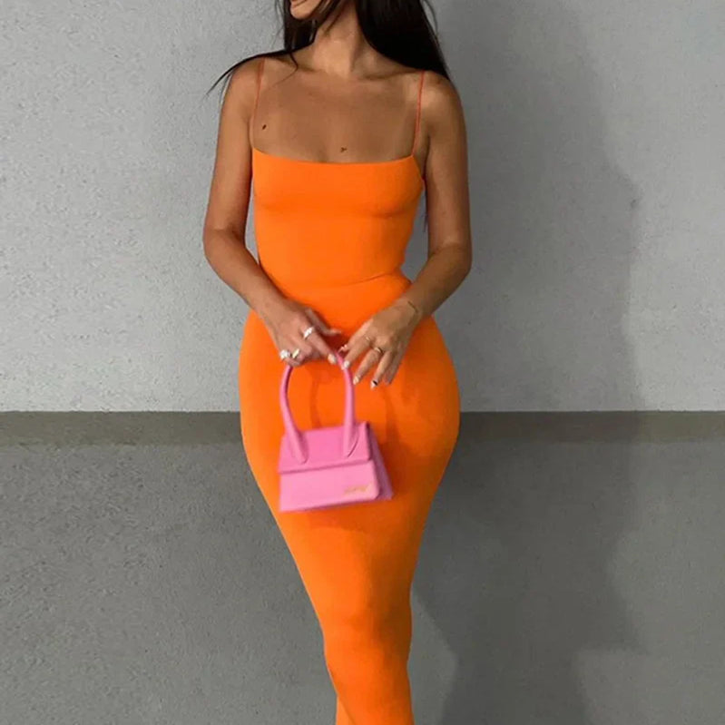Women Casual Summer Spaghetti Strap Bodycon Dress Fashion Solid Color Sleeveless Backless Slim Fit Sling Long Dress