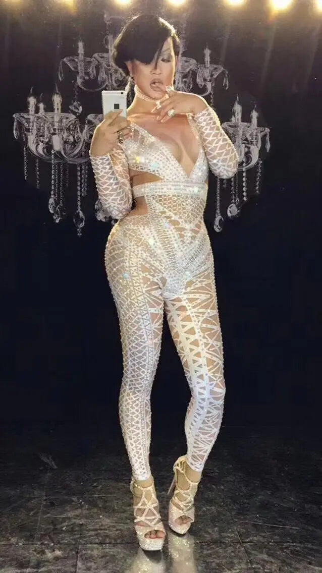 Sexy Stage White Jumpsuit Costume One-piece Nightclub Dance Outfit Party Wear Singer Stage Performance gogo singer Clothes
