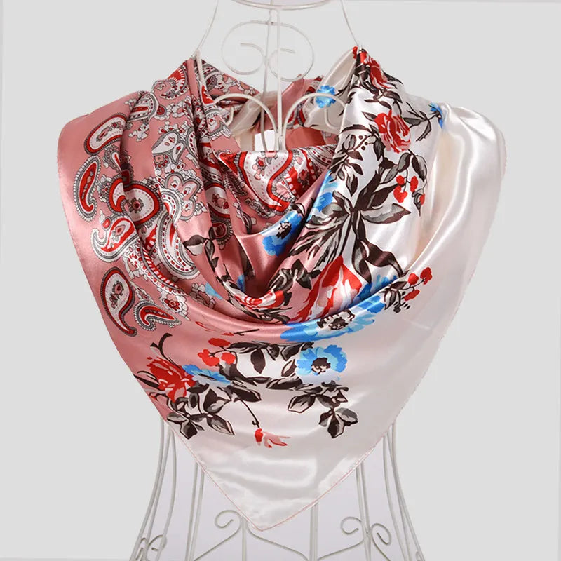 Ladies Green Coffee Square Scarves Printed Women Elegant Satin Large Silk Scarf Shawl 90*90cm Winter Neck Head Scarf white pink paisley