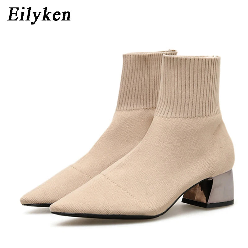 Fashion Knitted Stretch Fabric Sewing Women Ankle Boots Square Heels Winter Pointed Toe Ladies Sock Booties