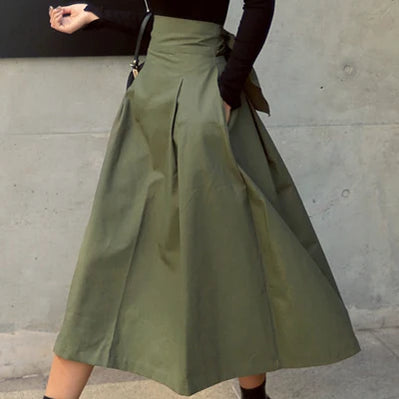 Skirts Womens Korean Fashion Solid Color Big Swing Women Skirt Long Skirt Autumn Wild High Waist Bow Slim Skirts ArmyGreen