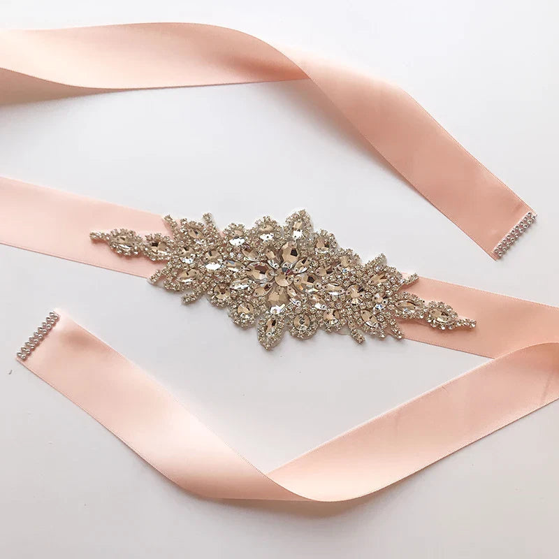 bride belt high-end luxury rhinestone bride satin belt ladies satin belt wedding dress and dress accessories champagne pink One Size