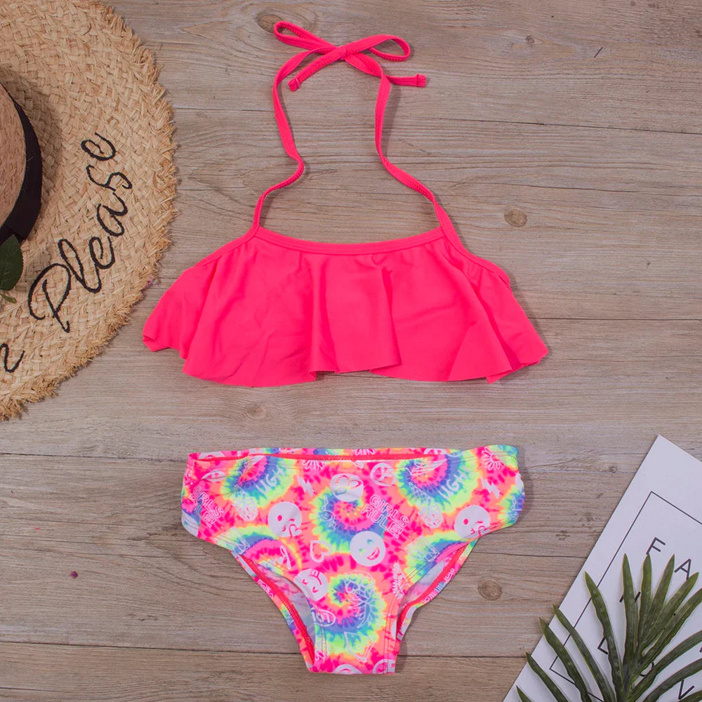 New Falbala Kids Swimwear Swimsuit  New Print Girls Kid Bikini Set 5-14 Years Children Bandage Swimming Suit Beachwear A247