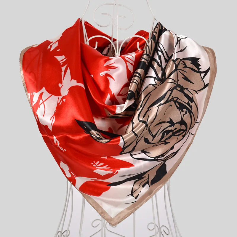 Ladies Green Coffee Square Scarves Printed Women Elegant Satin Large Silk Scarf Shawl 90*90cm Winter Neck Head Scarf red coffee roses