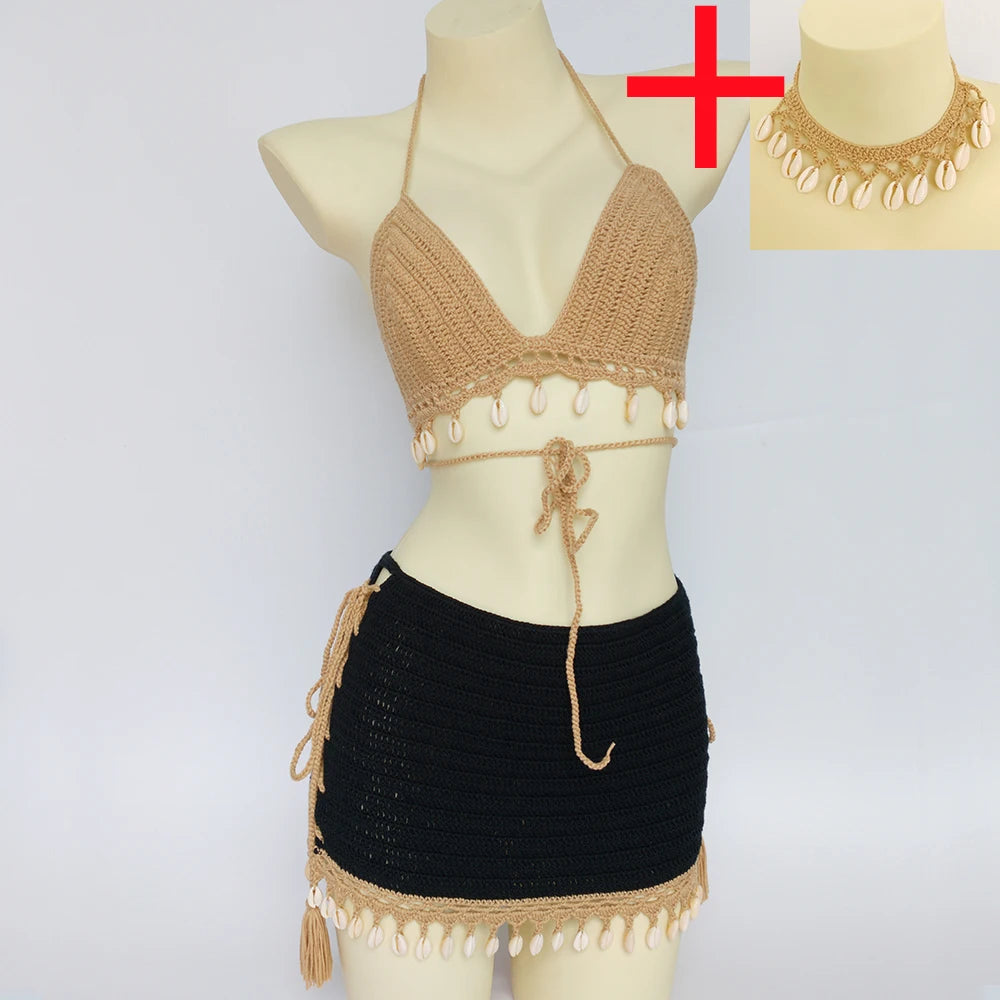 3pcs Bikini Set Woman Crochet Shell Tassel Bikini Top And Seashell Ankle Chain Sexy Beach Skirt Lace See Through Slim Mini Skirt Khaki And Black
