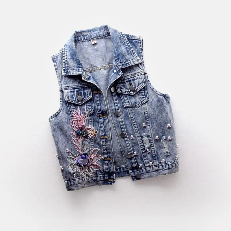 Student Vest Slim Short Jacket Embroidery Flowers Sleeveless Denim Vest Women's Beaded Waistcoat Hole Jeans Vest Coat Girl blue