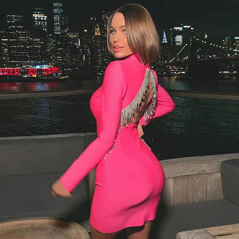 High Quality Black Women Bandage Dress High Neck Long Sleeve Sexy Halter Beaded Tassel Dress Bodycon Dress Club Party Dresses