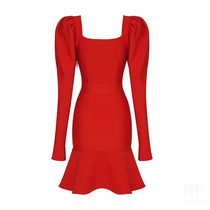 Women Winter Sexy Long Sleeve Square Collar Black Pleated Mini Bodycon Bandage Dress 2021 Elegant Evening Party Dress Vestidos