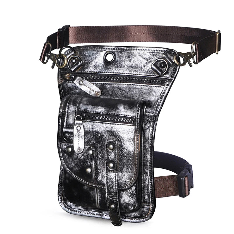 Leather Multipurpose Men Travel Mochila Crossbody Messenger Bag Hook Belt Waist Pack Drop Leg Phone Case Bag Silver