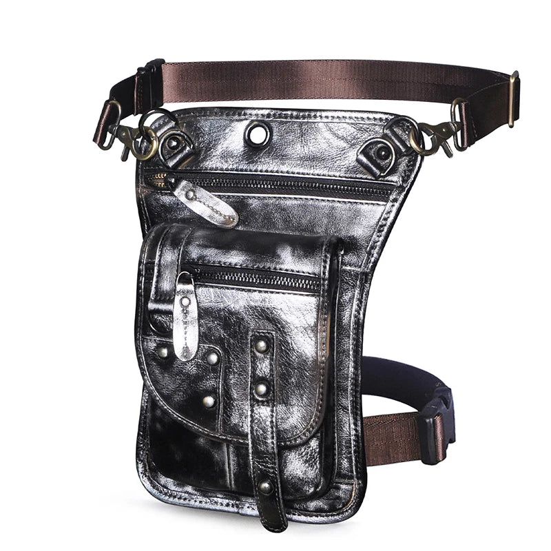 Leather Multipurpose Men Travel Mochila Crossbody Messenger Bag Hook Belt Waist Pack Drop Leg Phone Case Bag Silver