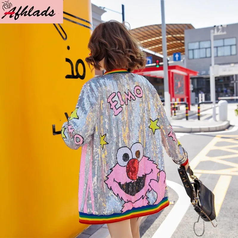 Pailletten -Cartoon -Druck neue weibliche Frühlings- und Herbst Korean Lose Mode Oberbekleidung Langarm Hip Hop Jackets