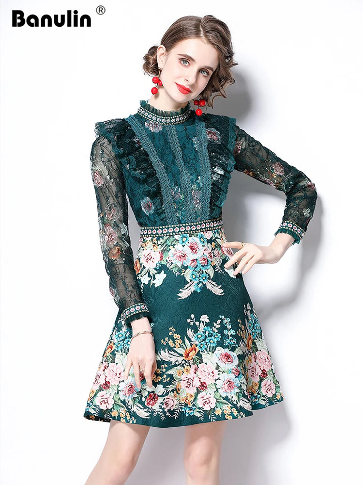 Spring Fashion Runway Flower Jacquard Dress Women's Beading Stand Long Sleeve Ruffles Lace Stitching Vintage Party Vestidos