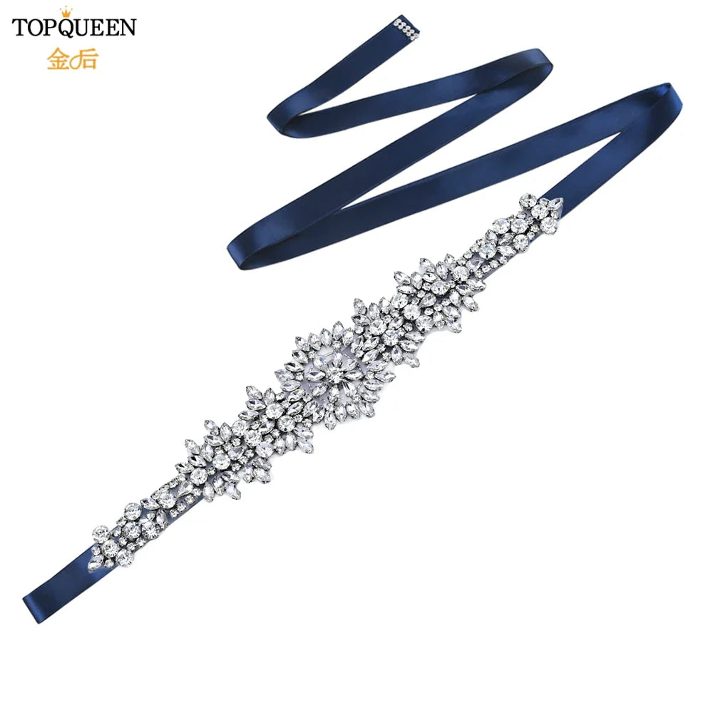 TOPQUEEN S319 Rhinestones Wedding Belt Sparkly Bride Dress Decorative Sash with Stone Jeweled Satin Ribbons Silver Gown Applique Navy blue ribbon