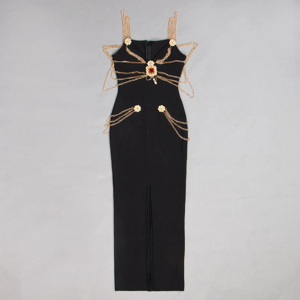 Runway Fashion Maxi Long Bandage Dress Open Fork Chains Strap Fashion Beading Bandage Dress Cocktail Party Bodycon Dresses 2025