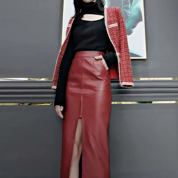 Lautaro Long Soft Faux leather pencil skirt women with front slit pockets High waisted midi skirts for women wine red skirt