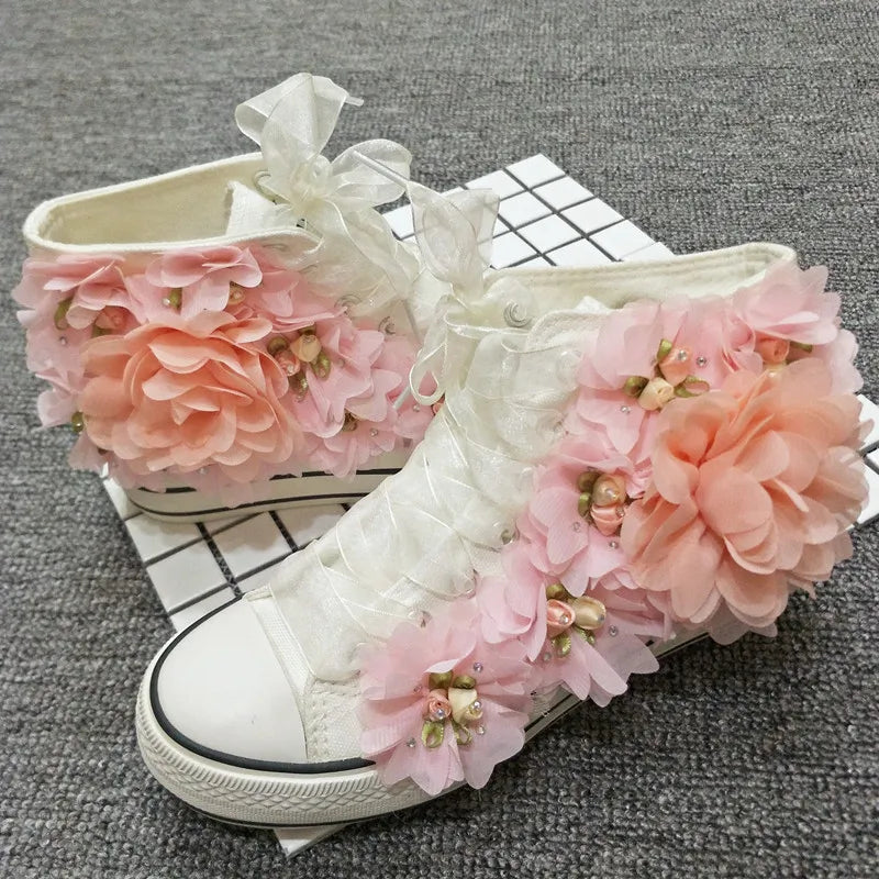 Handmade Flower Canvas Shoes for Women Rhinestones Pink Lace Flower Students Lady Casual Shoes White Platform Sneakers