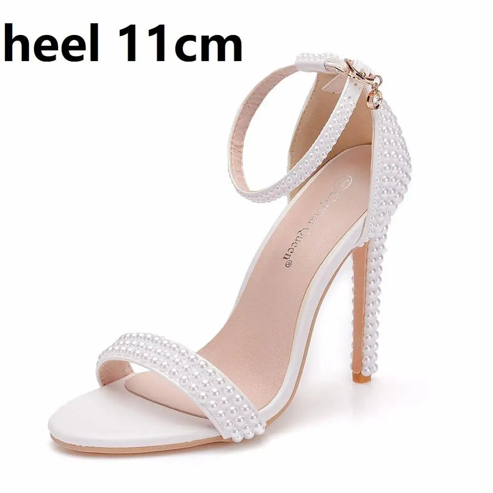 Crystal Queen Bride Wedding Shoes Fashion White Stiletto Woman Ankle Strap Party Dress Sandals Open Toe High Heels Pumps Female heel 11cm