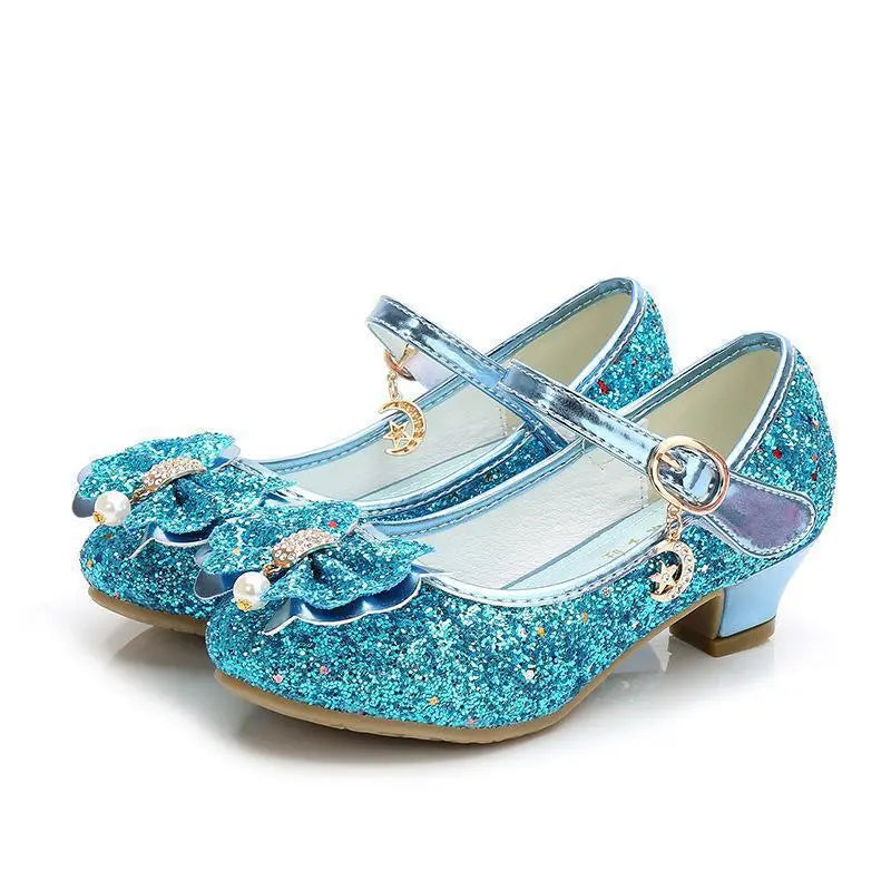 Princess Butterfly Leather Shoes Kids Diamond Bowknot High Heel Children Girl Dance Glitter Shoes Fashion Girls Party Dance Shoe hudie-Blue