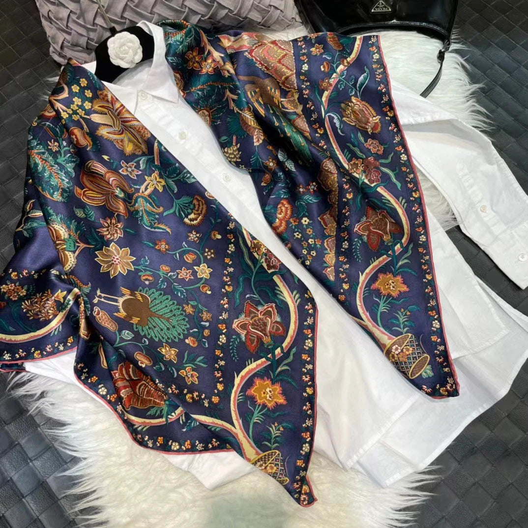 Coffee Gold 100% Mulberry Silk Women's Scarf Bandana Fashion Plaisley Style Square Scarves Hijabs Winter Brand Headscarf Foulard blue coffee