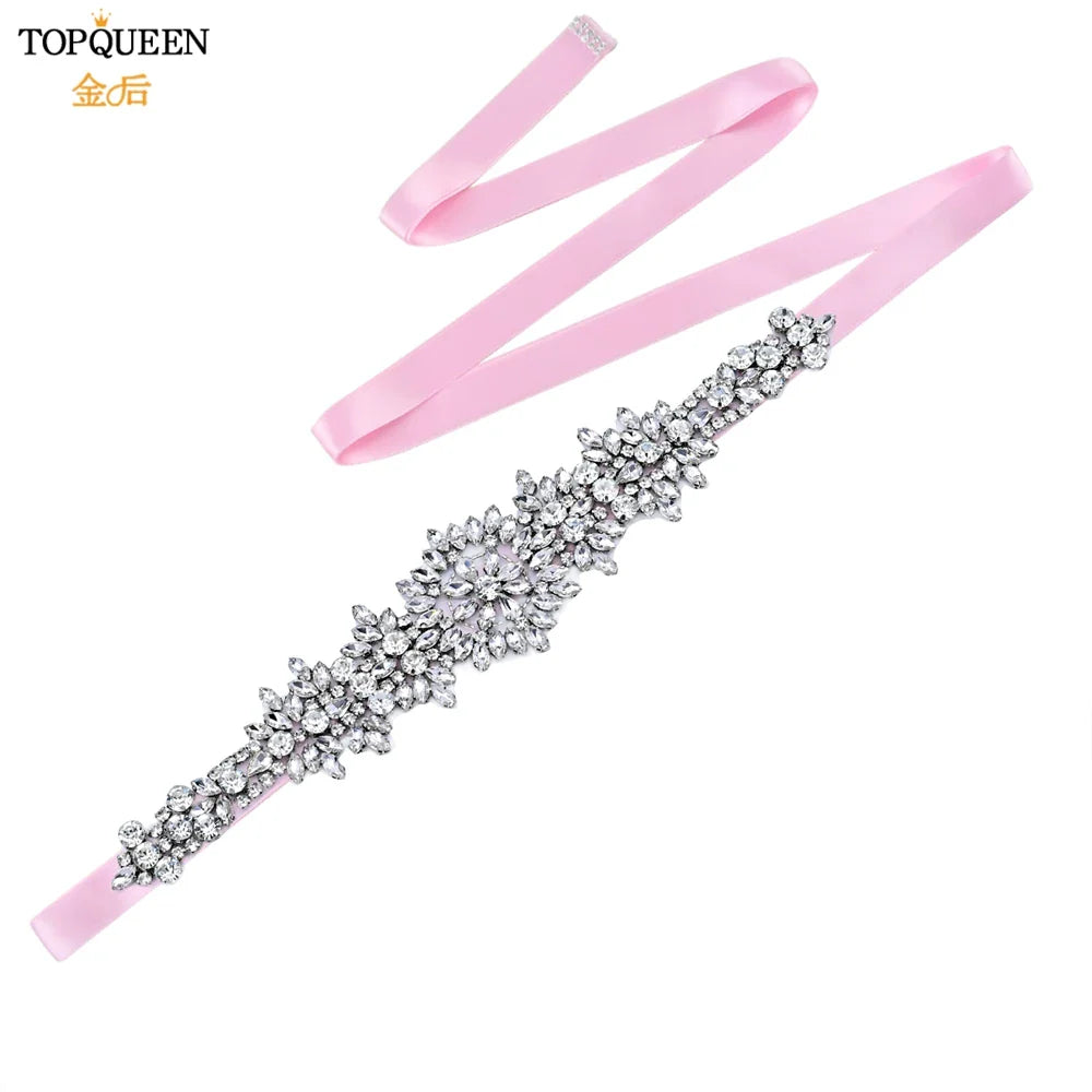 TOPQUEEN S319 Rhinestones Wedding Belt Sparkly Bride Dress Decorative Sash with Stone Jeweled Satin Ribbons Silver Gown Applique Pink ribbon