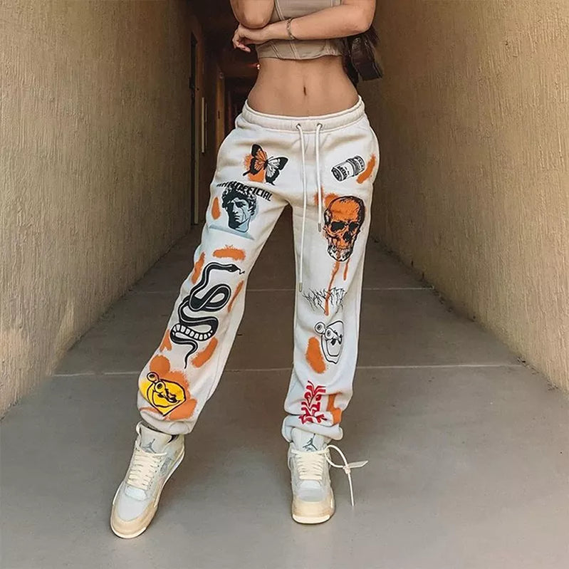 Kvinnor Sweatpants Joggers Y2K Harajuku Cartoon Skull Printed Streetwear Sweatpants Pants Casual High midje Sweatpants 2022 Winter