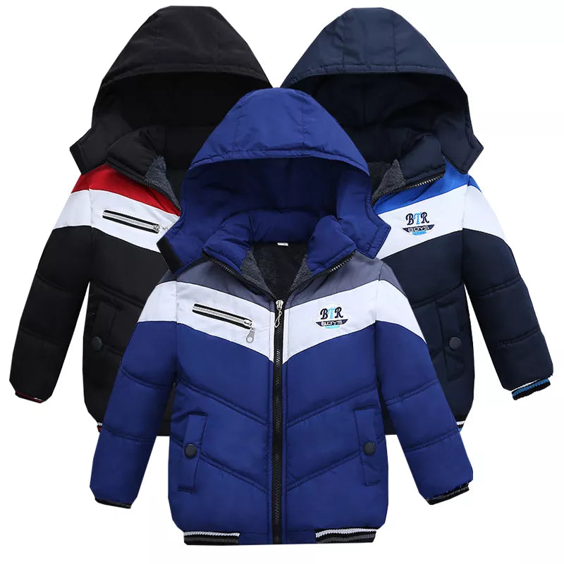 Baby boy winter cotton jacket letter printing plus velvet warm hooded padded coat thickened 2-5years old Beibei quality clothing