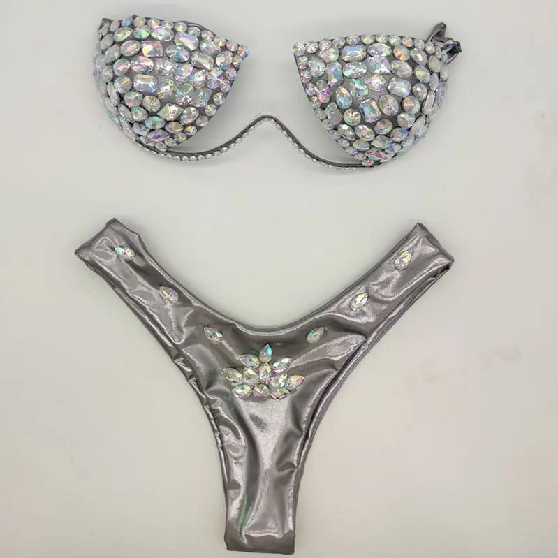 Diamond bikini crystal bikini swimwear plus sizes bikini rhinestone bikini swimsuit sexy beachwear biquini SHINY GREY