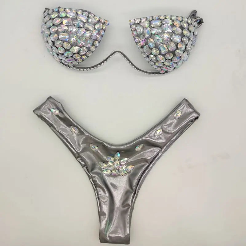 Diamond bikini crystal bikini swimwear plus sizes bikini rhinestone bikini swimsuit sexy beachwear biquini SHINY GREY