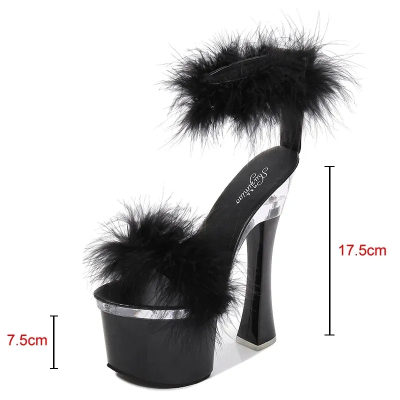 4 Color Feather Thick High Heels Platform Sandals Women 14cm 17cm Heels Shoes Female Summer Hair Wedding Pumps Shoes