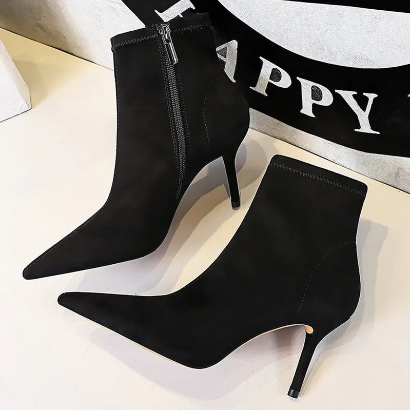 Shoes Suede Women Boots Fashion Women Ankle Boots Pointed Toe High-heel Boots Sexy Black Short Boots Winter Shoes Warm