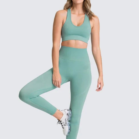 2pcs seamless hyperflex workout sport outfits for women sportswear athletic clothes gym Long Sleeve Crop Top High Waist Leggings teal green set