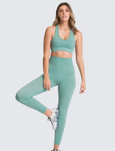 2pcs seamless hyperflex workout sport outfits for women sportswear athletic clothes gym Long Sleeve Crop Top High Waist Leggings teal green set