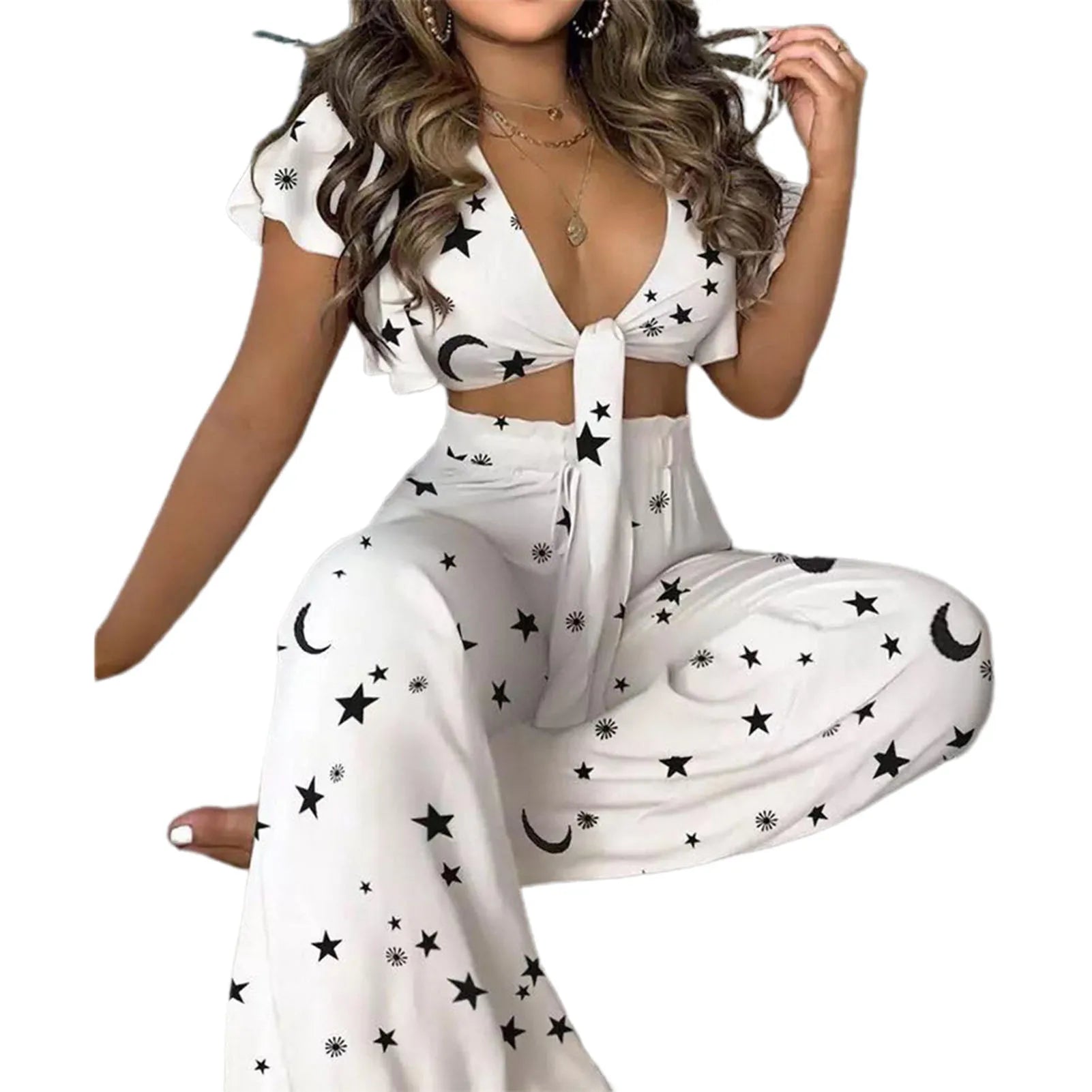 2pcs/Set Boho Outfits Women Pant Suits Vibrant Color Short Sleeve Short Crop Top Loose Long Pants two piece set Women Tracksuits Black White