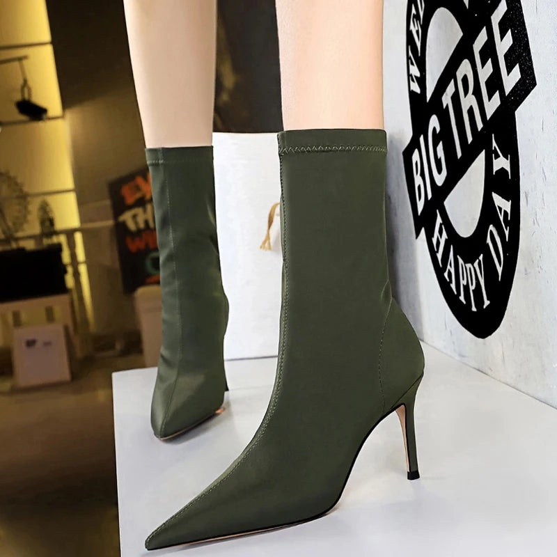 Mid-calf Boots Sexy Sock Boots Stretch High Heels Boots Fetish Women Shoes Autumn Winter Boots Stiletto Women Pumps 41 BE315-A1-green7.5cm