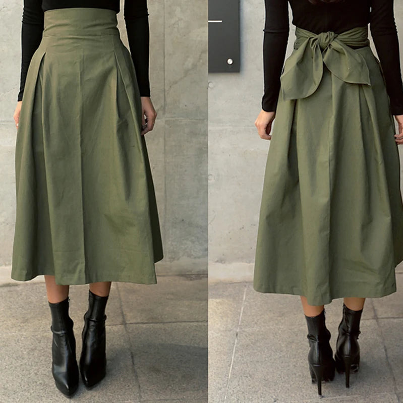 Skirts Womens Korean Fashion Solid Color Big Swing Women Skirt Long Skirt Autumn Wild High Waist Bow Slim Skirts