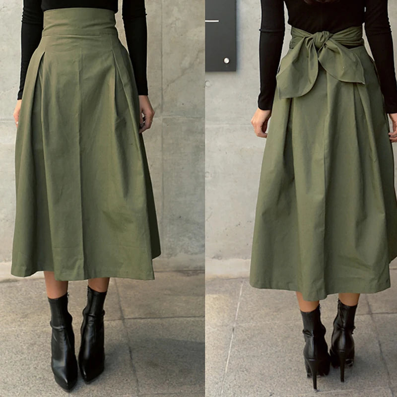 Skirts Womens Korean Fashion Solid Color Big Swing Women Skirt Long Skirt Autumn Wild High Waist Bow Slim Skirts
