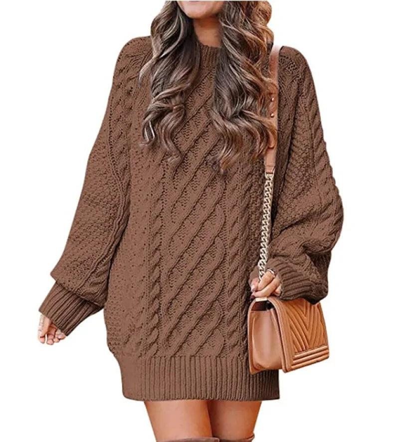 13 Colors Women Crewneck Long Sleeve Oversized Tops Cable Knit Chunky Pullove Thick Autumn and Winter Sweater Dresses Brown