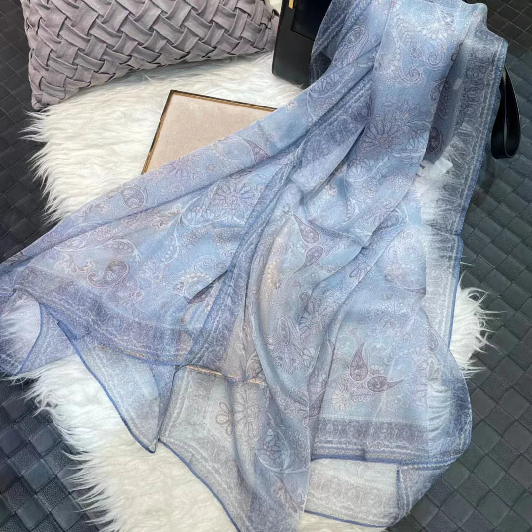 [BYSIFA] White 100% Silk Scarf Cape Fashion Floral Design Long Scarves Women Summer Utralong Beach Shawl Winter Scarves180*110cm grey blue
