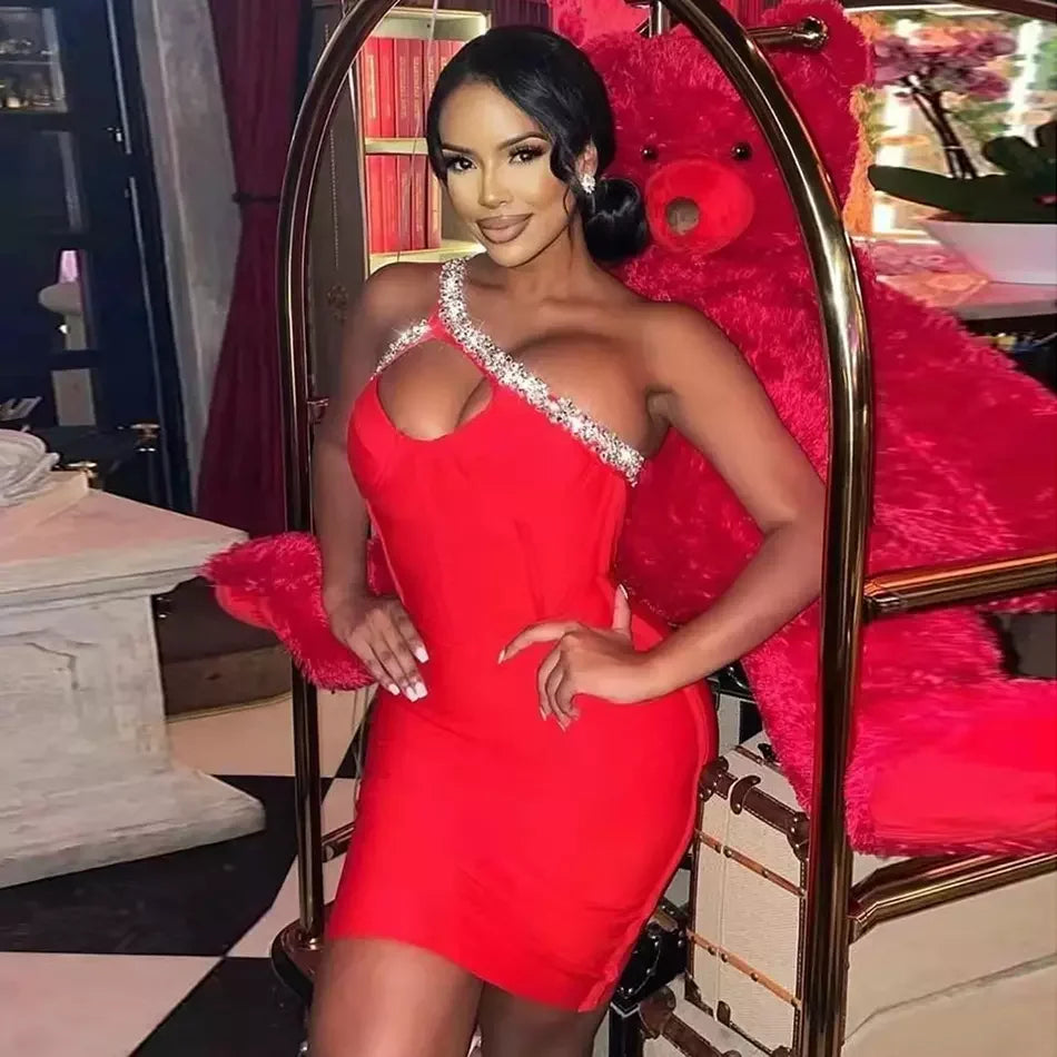 Red Blue Black One Shoulder Sparkly Beading Rayon Bandage Dress Elegant Cocktail Party Dress Vestidos