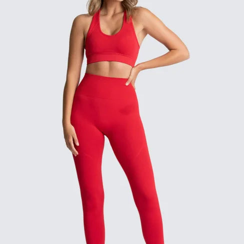 2pcs seamless hyperflex workout sport outfits for women sportswear athletic clothes gym Long Sleeve Crop Top High Waist Leggings Red Yoga Set