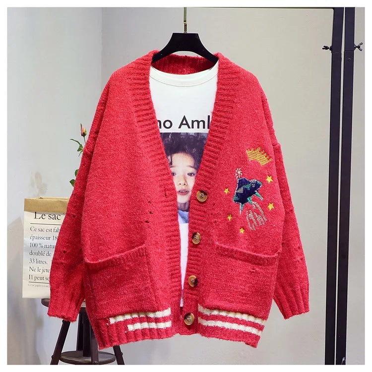 Elegant knitwear Women Cardigan Sweater spring autumn Knit Cardigan Cartoon Embroidery Oversize Sweater Coat outwear Red One Size