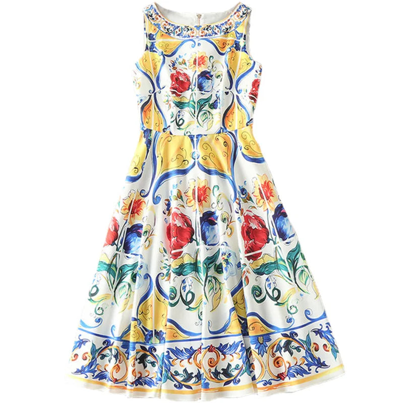 Luxury Designer Fashion Women's Midi Dress WIth Multicolor Floral Print Summer Clothing for Holiday Party Vacation 2024