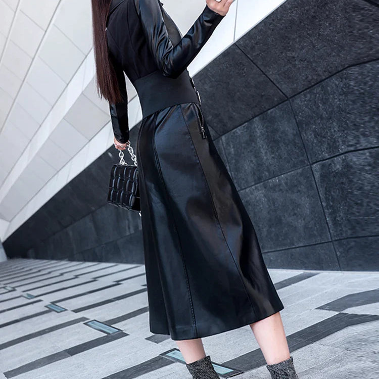 Spring black maxi leather dress women long sleeve zipper corset Long tight dress Faux Leather dresses for women 2022