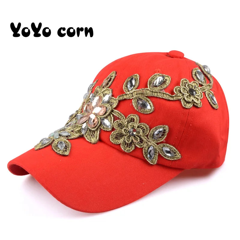 Baseball Cap With Flower Canvas Snapback Caps For Women Female Cap Hat Rhinestone Denim Cap Red XXL >8Y