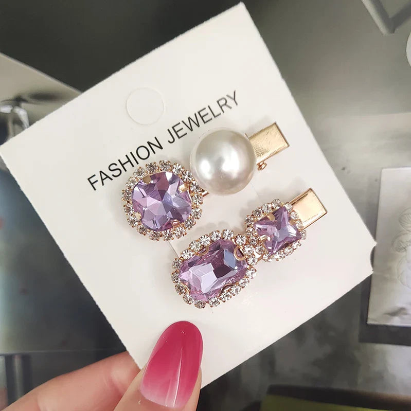 Set Women Hair Clips Jewelry Fashion Crystal Hair Accessories For Girls Luxury Pearl Geometric Barrettes Pins Christmas Gift 2pcs-purple 1