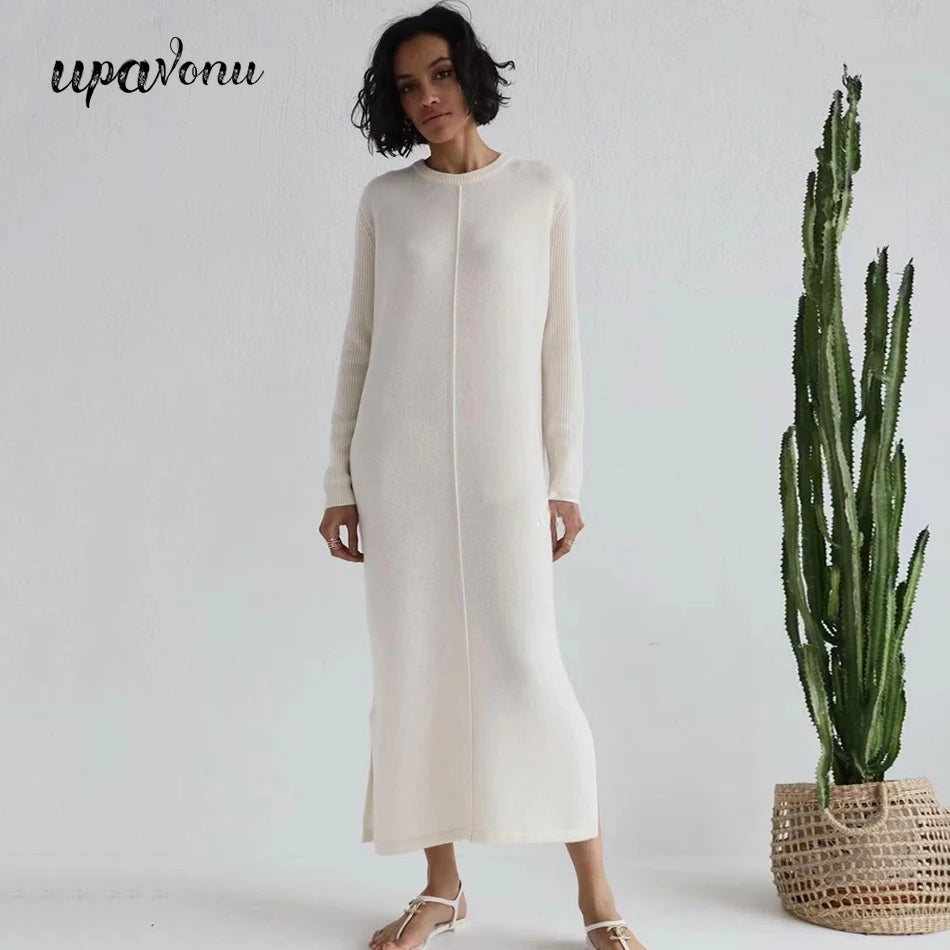 2024 Casual Midi Knit Dress Women's O-neck Long Sleeve Split Straight Dresses 2023 New Autumn Pure Color Knit Vestidos
