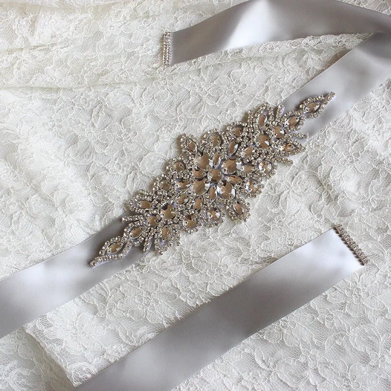 bride belt high-end luxury rhinestone bride satin belt ladies satin belt wedding dress and dress accessories GRAY One Size