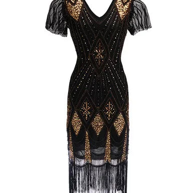 Embellished Beaded Sequin Dress Robe Vestidos Women 1920s Flapper Dress Vintage V Neck Butterfly Sleeve Long Great Gatsby Dress black gold