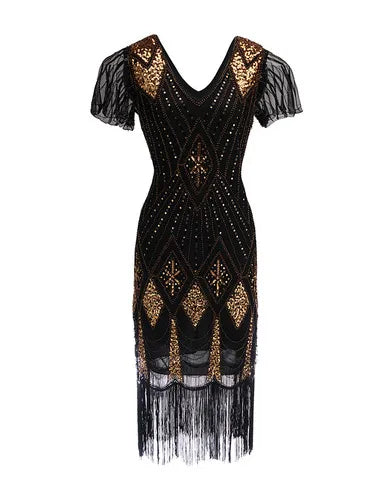 Embellished Beaded Sequin Dress Robe Vestidos Women 1920s Flapper Dress Vintage V Neck Butterfly Sleeve Long Great Gatsby Dress black gold