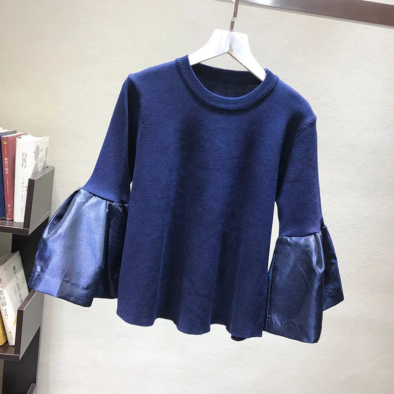 musim semi longgar sweter longgar wanita fashion Korea rajutan kemeja flare lengan bergaris -garis tusukan wanita atasan blusa tarik